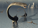 Buy Omeisaurus Sauropod Dinosaurs Cooling Off in the Jurassic Waters of What Is Now China. at AllPosters.com