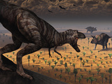 A Tyrannosaurus Rex Spots Two Passing Triceratops
