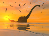 Diplodocus Dinosaurs Bathe in a Large Body of Water