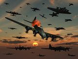 A B-17 Flying Fortress Is Set Ablaze by a German Interceptor Fighter Plane