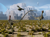 A Pair of Compsognathus Dinosaurs Startled by an Approaching Helicopter