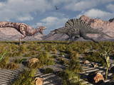 A Confrontation Between a T. Rex and a Spinosaurus Dinosaur