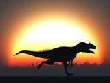 Buy A Silhouetted Allosaurus Sprinting Against a Setting Set at the End of a Jurassic Day at AllPosters.com
