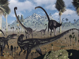 Two Allosaurus Predators Plan their Attack on a Young Omeisaurus