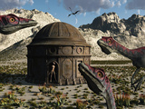 A Group of Compsognathus Dinosaurs Gather around a Lone Reptoid Building