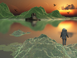 An Astronaut Explorer Amongst a World of Mystery and Ice Green Mountains