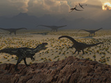 An Allosaurus Dinosaur Spies a Group of Young Diplodocus Herbivores