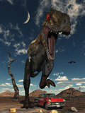 A Tyrannosaurus Rex About to Crush a Cadillac with His Feet