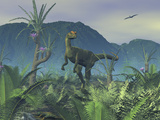 A Colorful Adult Male Dilophosaurus Explores a Hilltop