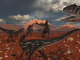 A Pack of Allosaurus Dinosaurs Track Down a Pair of Stegosaurus