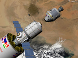 A Command Module Prepares to Dock with a Phobos Mission Rocket in Earth Orbit