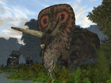 A Male Torosaurus Drinks from a River