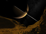 Illustration of Saturn from the Icy Surface of Enceladus
