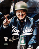 Don Zimmer Autographed Wearing A Green Yankee Hard Helmet Vertical Photo