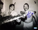Billy Smith Autographed With Cup In Locker Room Black & White Photograph