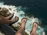 Looking Past Feet over a Cliff Edge to the Sea at Point Perpendicular