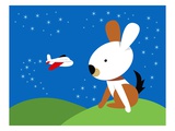 Large rabbit watching small airplane