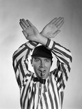 1950s Football Referee Making Hand Signal Time Out Blowing Whistle