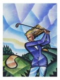 Woman Swinging Golf Club, Low Angle View