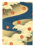 Illustration of Snow-Covered Trees in a River Landscape