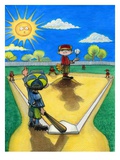 Child Pointing for Home Run in Baseball Game