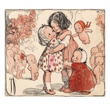 Illustration of Girls and Kewpie Dolls Hugging by Rose O'Neill