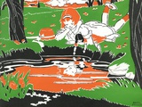 Girl with doll looking at reflection in water