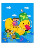 Three children playing with a toy duck