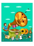 Girl and a boy on a gramophone with another boy listening to music