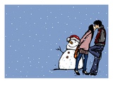 Side profile of a couple kissing each other near a snowman in snowing