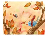 A Watercolor Illustration of Birds Wearing Scarves in a Tree in the Autumn