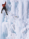 An Ice Climber Ascending the Malignant Mushroom, WI 5, Ghost River, Alberta, Canada