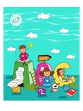 Three children with alphabets and numbers underwater