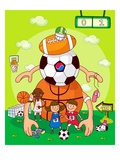Two boys with a girl standing in front of balls of different games