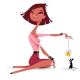 Woman dangling cheese in front of a mouse
