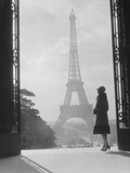 Moody Silhouetted Woman Paris Standing in Trocadero Looking Toward Eiffel Tower