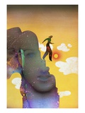 Businesswoman Scaling a Mountain Side with an Image of a Face in the Background