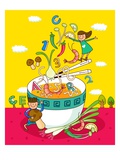 Girl pouring vegetables into a bowl of vegetable soup with a boy holding an edible mushroom