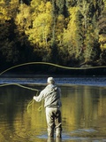 Flyfisherman and Fall Reflections, Bulkley River,Smithers, British Columbia, Canada.