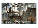 Men pump gasoline into tanker ships from dockside pipes