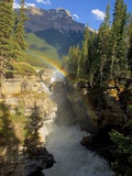 A Vertical Image of the Athabasca Falls on the Athabasca River with a Colorful Rainbow and Mount Ke
