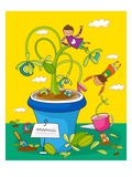 Children playing with potted plants
