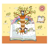 Children on open book by tree trunk