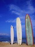 Three surfboards standing on beach, in a row