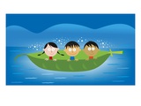 Children Sailing A Boat Made From A Leaf