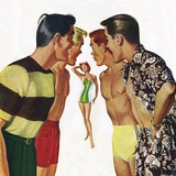 Young men admiring woman in bathing suit