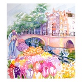 Couple And Tulips By Canal With Bridge Giclée-Druck
