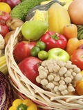 Buy Stack of different kinds of fruits and vegetables in a basket at AllPosters.com