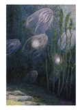 A Painting of Rainbow-Jellies, Mnemiopsis Leidyi, Floating in Water