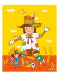 Boy and a girl standing near a scarecrow in a field Giclee Print
